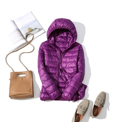Women's shiny quilted short puffer jacket with zip-up front in multiple colours