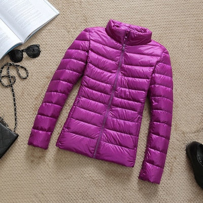 Women's shiny quilted short puffer jacket with zip-up front in multiple colours