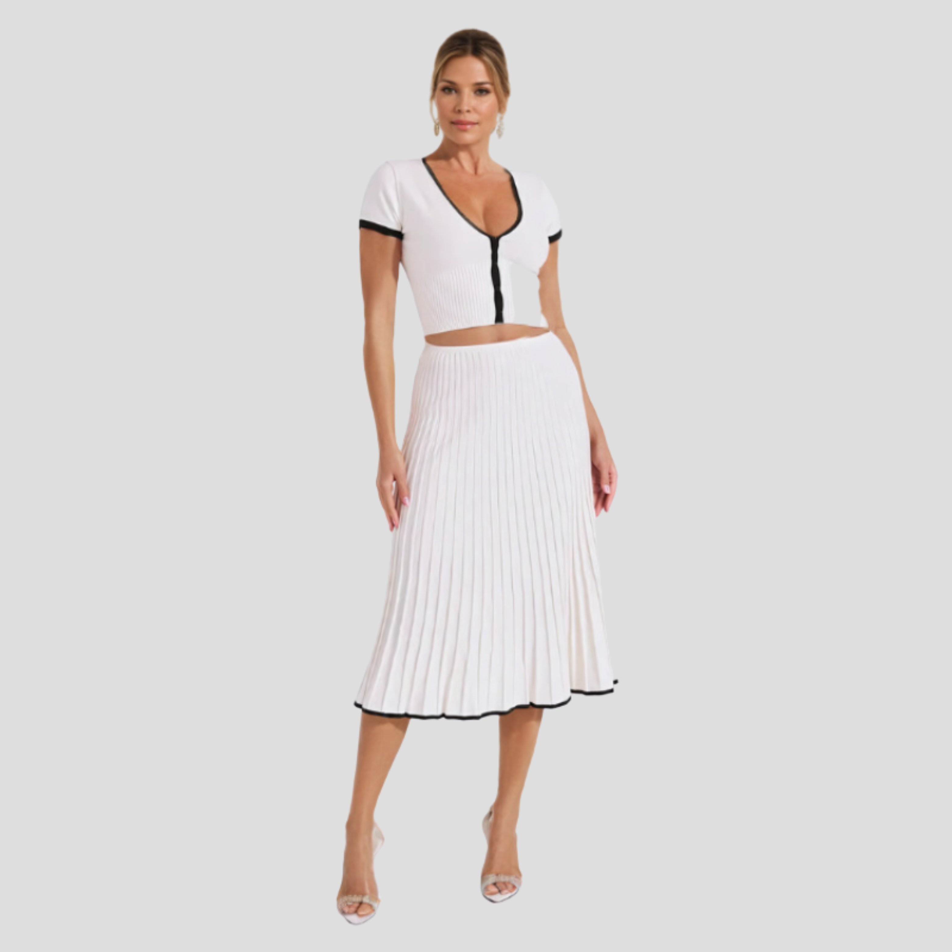 Women Two-Piece Set | Cropped Button Upper & Pleated Skirt Alignment for Daywear