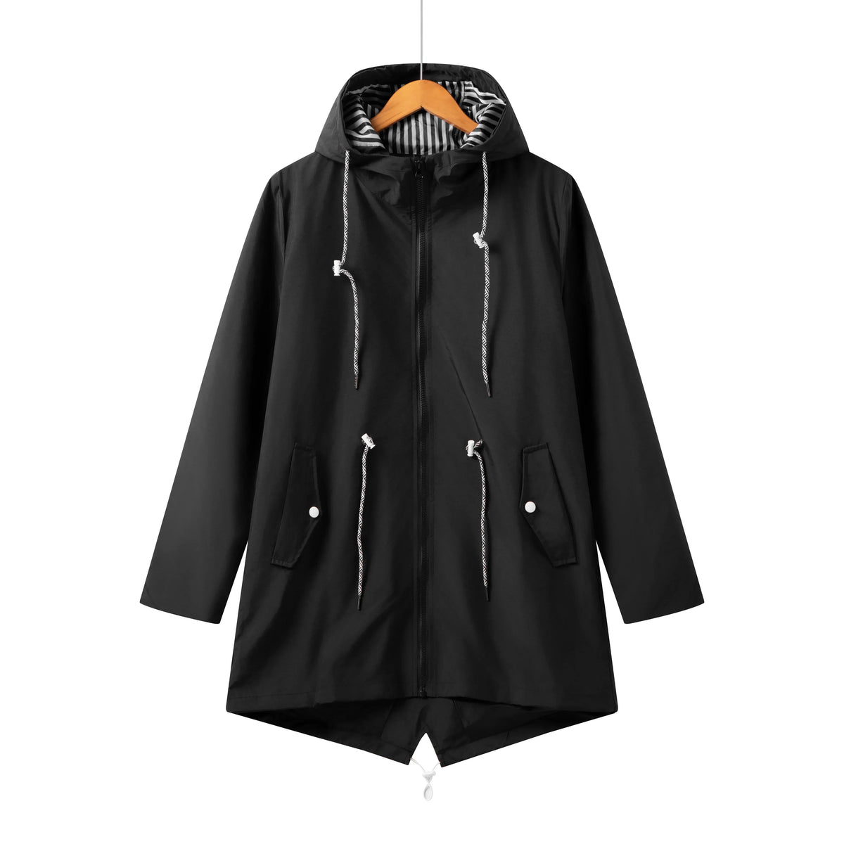 Women's longline hooded drawstring parka with zip-up front