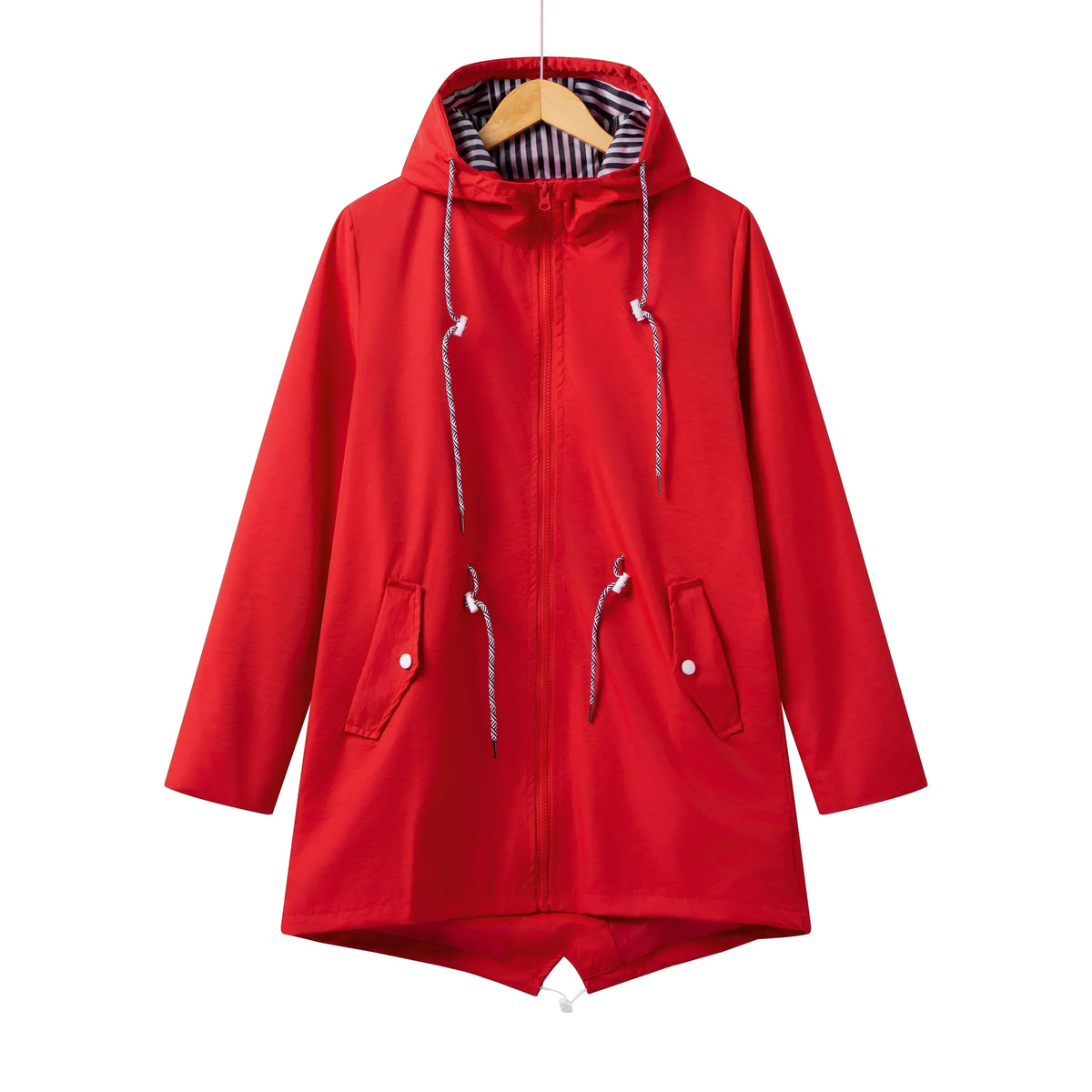 Women's longline hooded drawstring parka with zip-up front