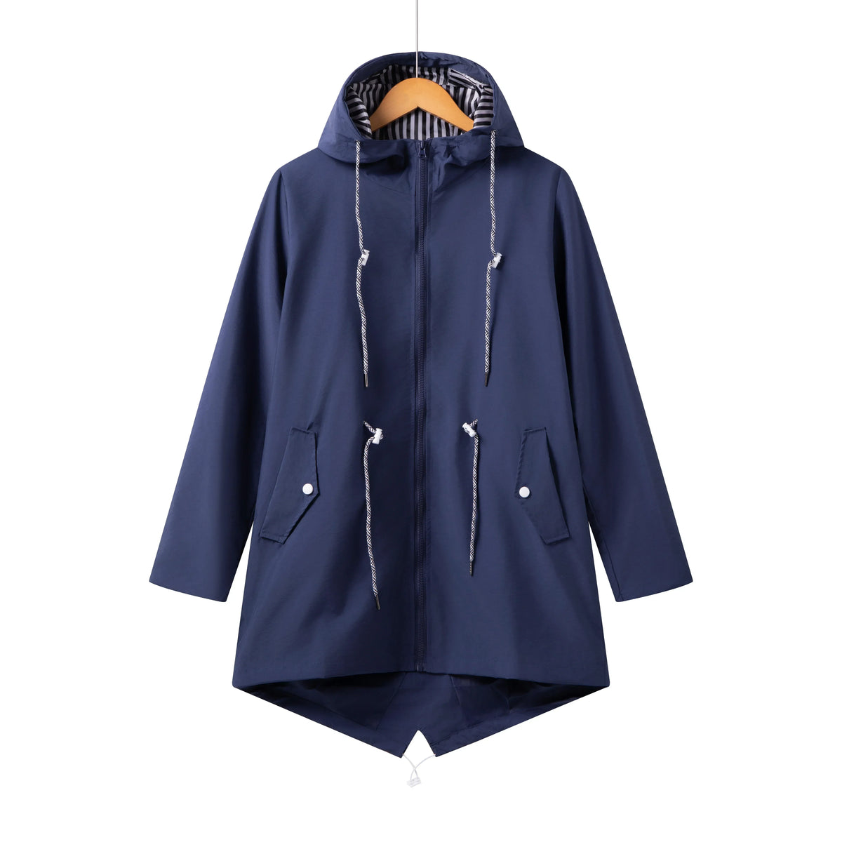 Women's longline hooded drawstring parka with zip-up front