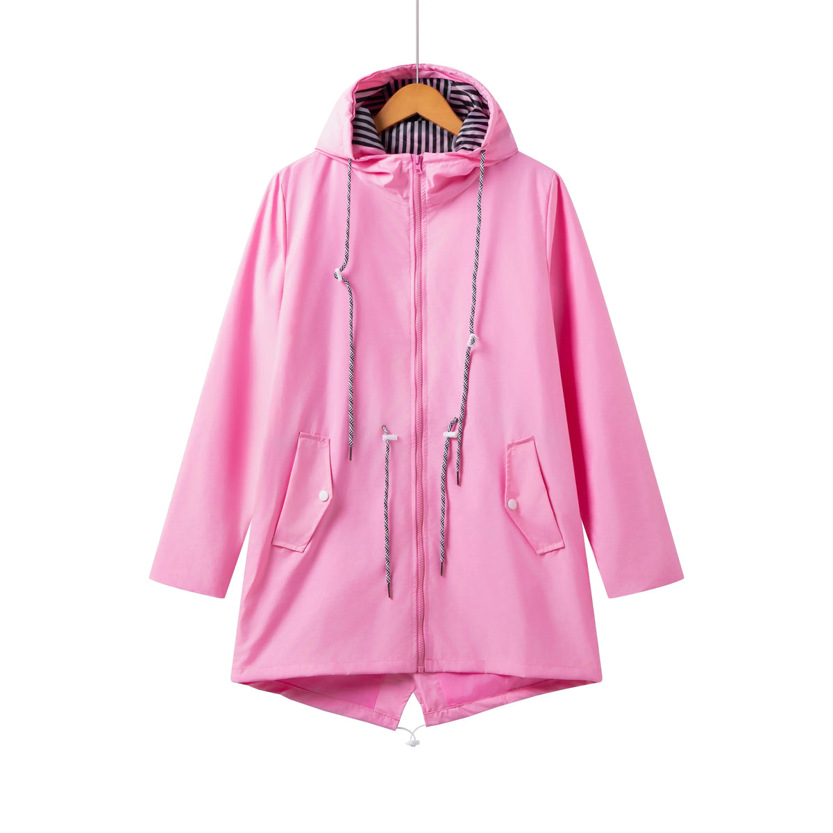 Women's longline hooded drawstring parka with zip-up front