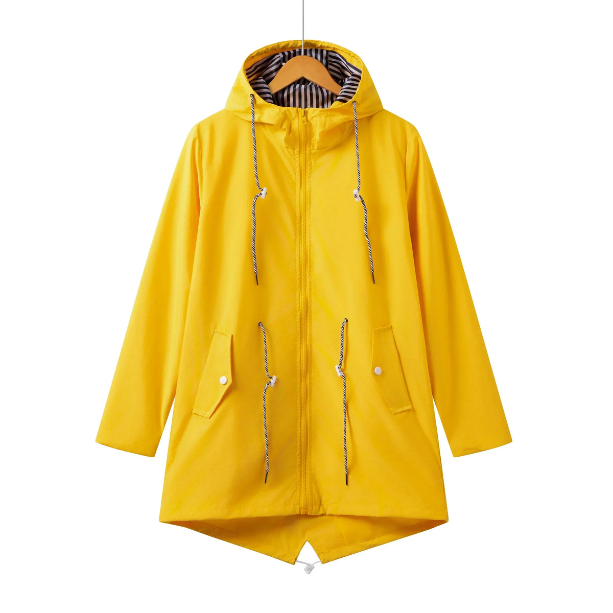 Women's longline hooded drawstring parka with zip-up front