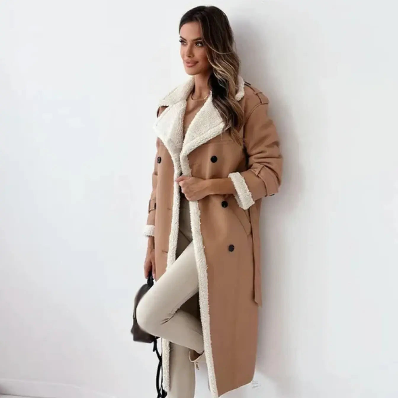Women's Long Classic Coat | With Fleece Lining & Teddy Collar | Warm | Elegant | For Winter & Everyday