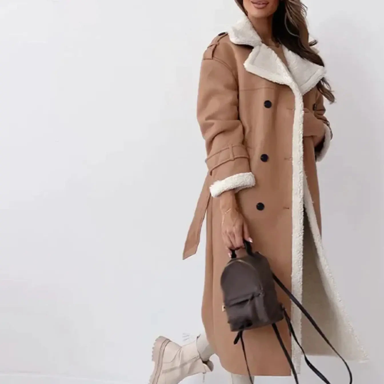 Women's Long Classic Coat | With Fleece Lining & Teddy Collar | Warm | Elegant | For Winter & Everyday