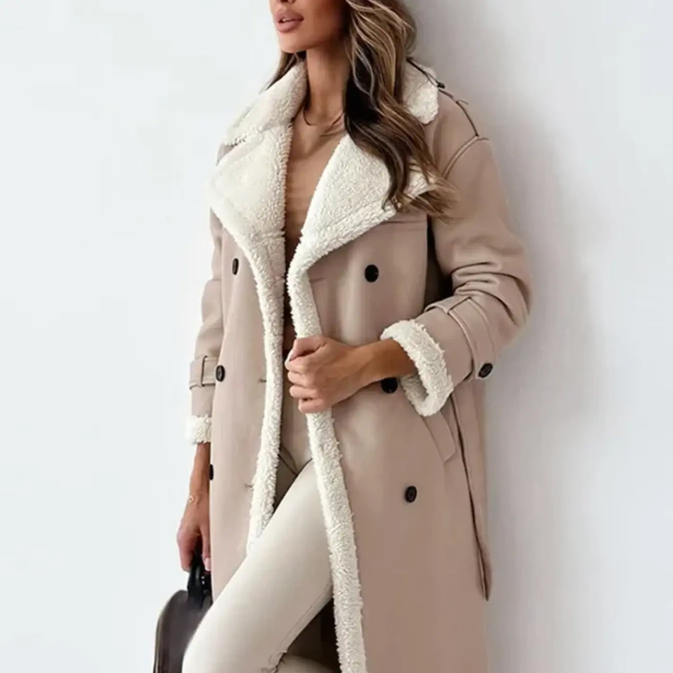 Women's Long Classic Coat | With Fleece Lining & Teddy Collar | Warm | Elegant | For Winter & Everyday