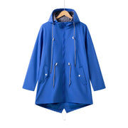 Women's longline hooded drawstring parka with zip-up front