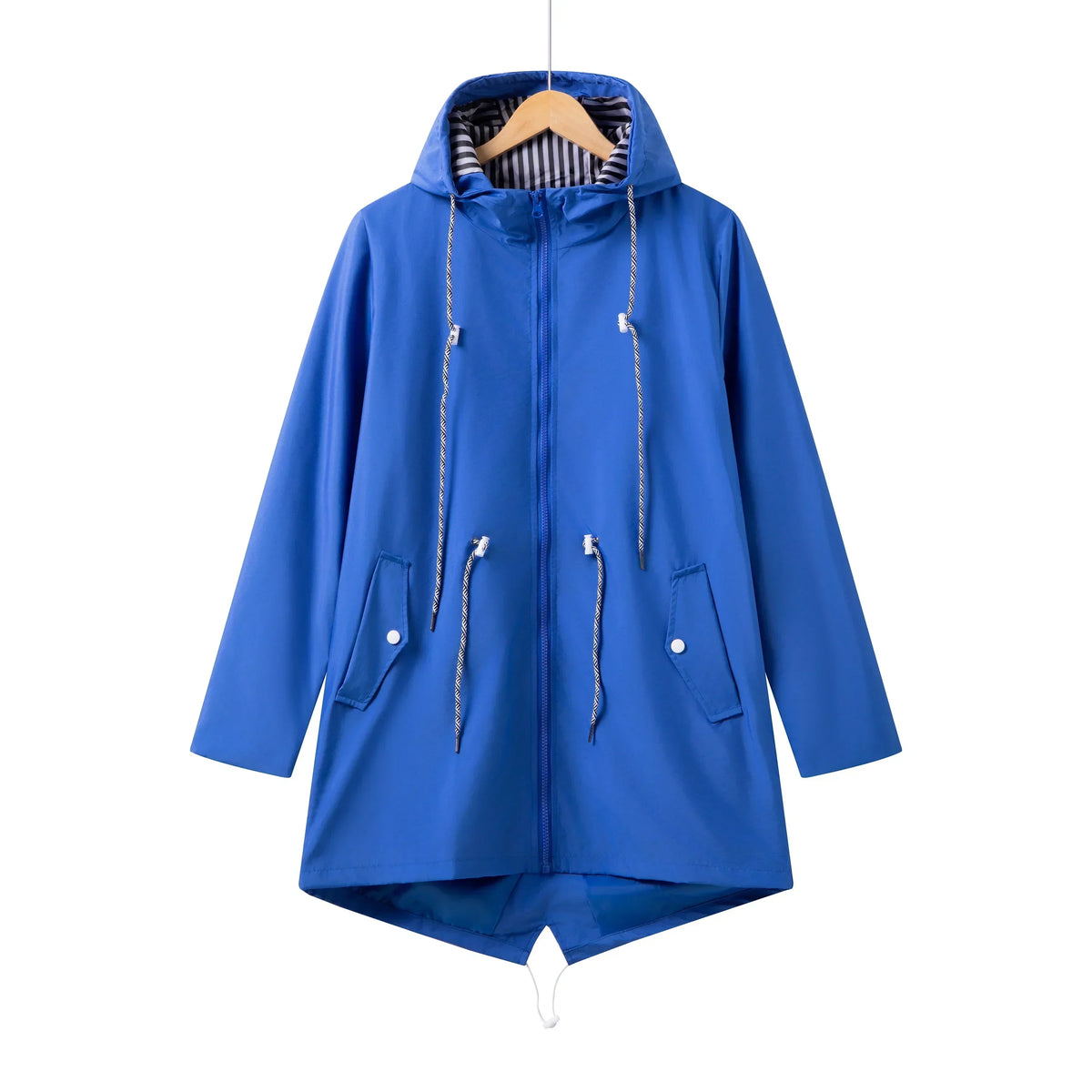 Women's longline hooded drawstring parka with zip-up front