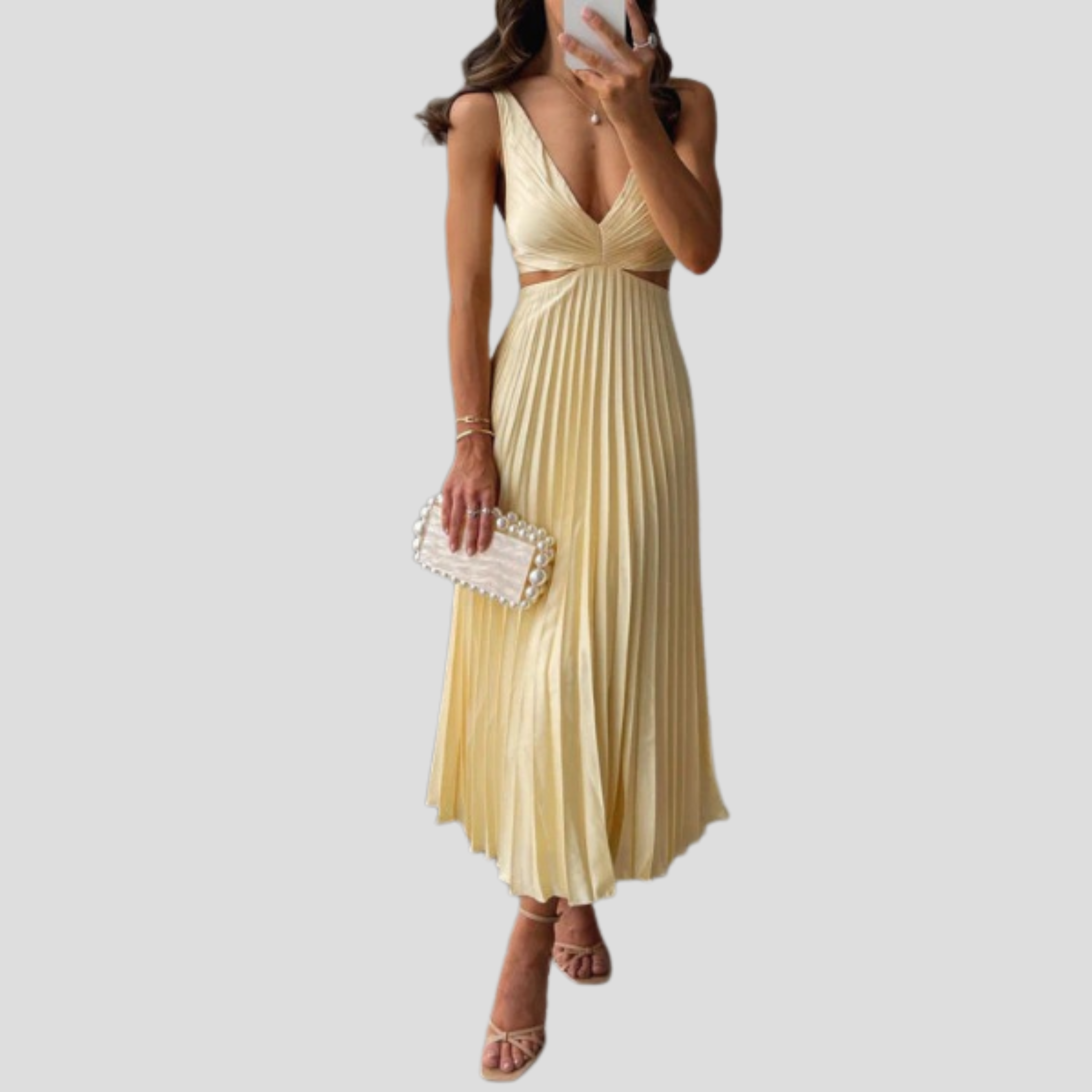 Women Midi Dress | V-Neckline Detail & Vertical Pleated Silhouette for Day Wear