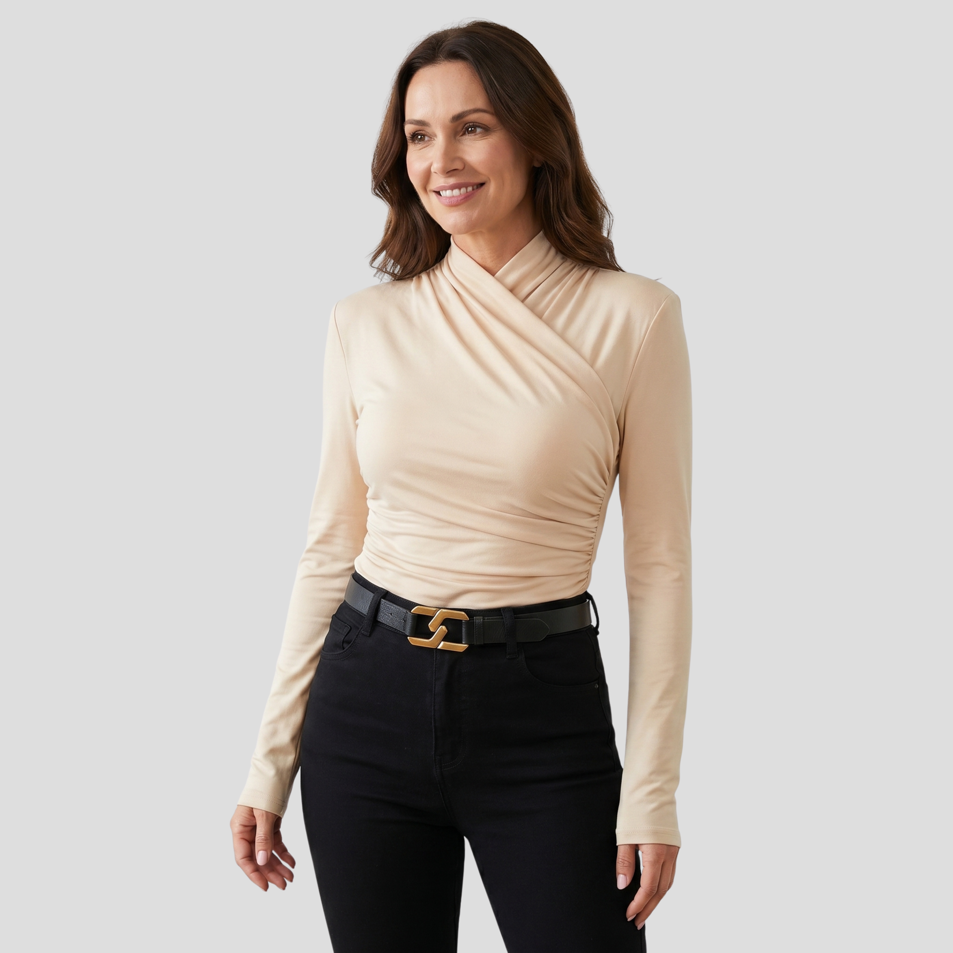 Women Long-Sleeve Top | Wrap Neckline Form & Ruched Waist Alignment for Daily Wear