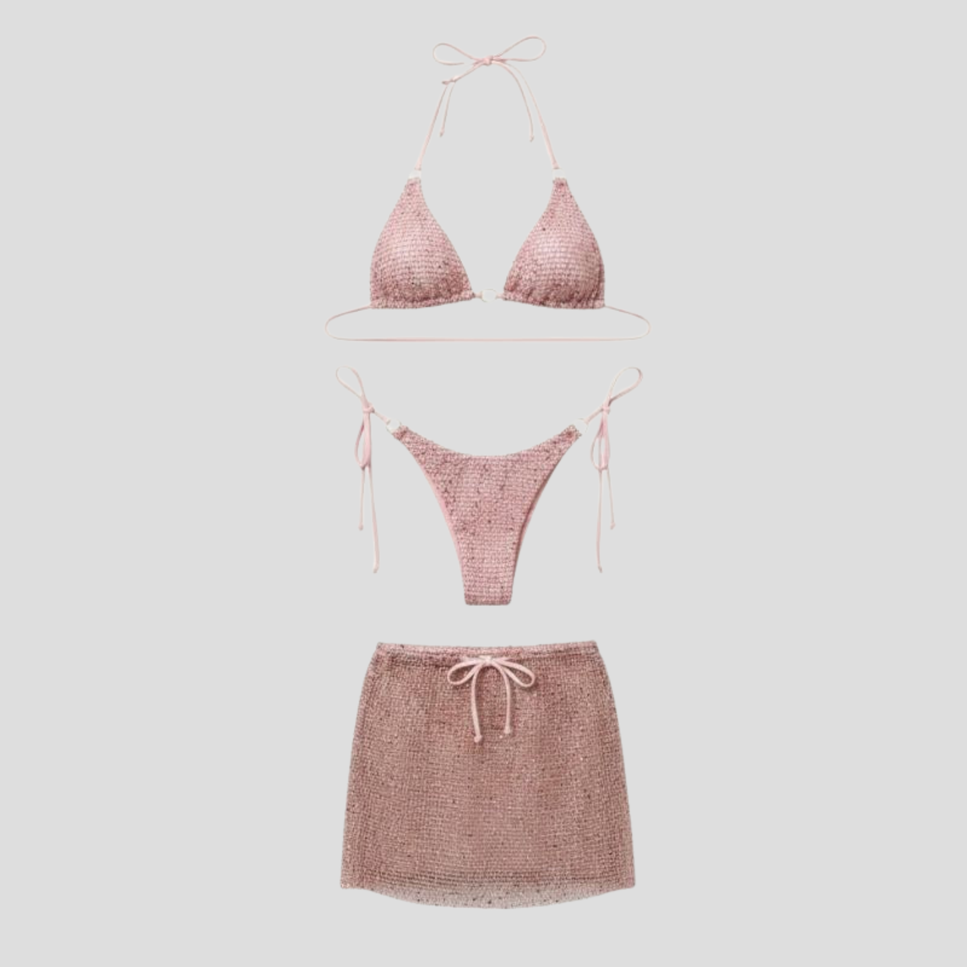 Women Three-Piece Swimwear Set | Mesh Texture Form & Sarong Alignment for Resort Wear