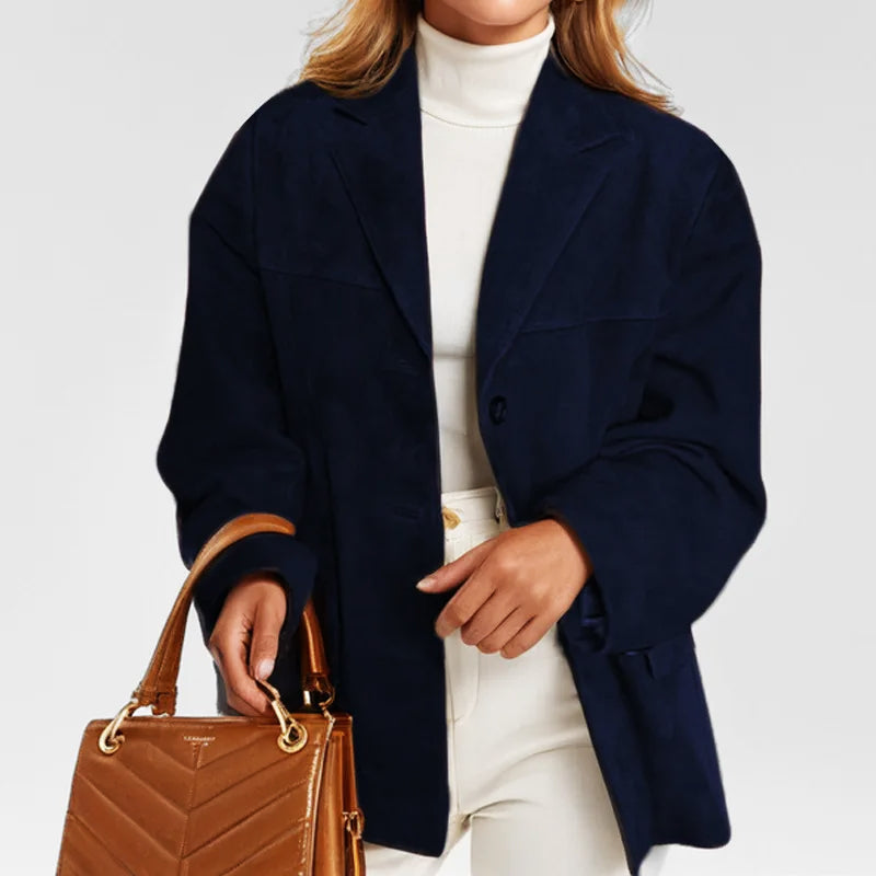 Women's suede-look relaxed tailored blazer in a neutral tone for autumn city wear