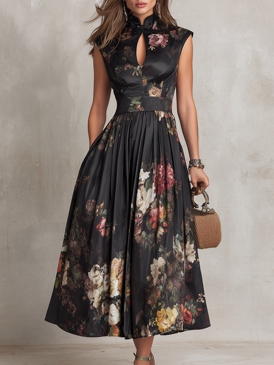 Black floral A-line midi dress with mandarin collar, keyhole neckline and cap sleeves