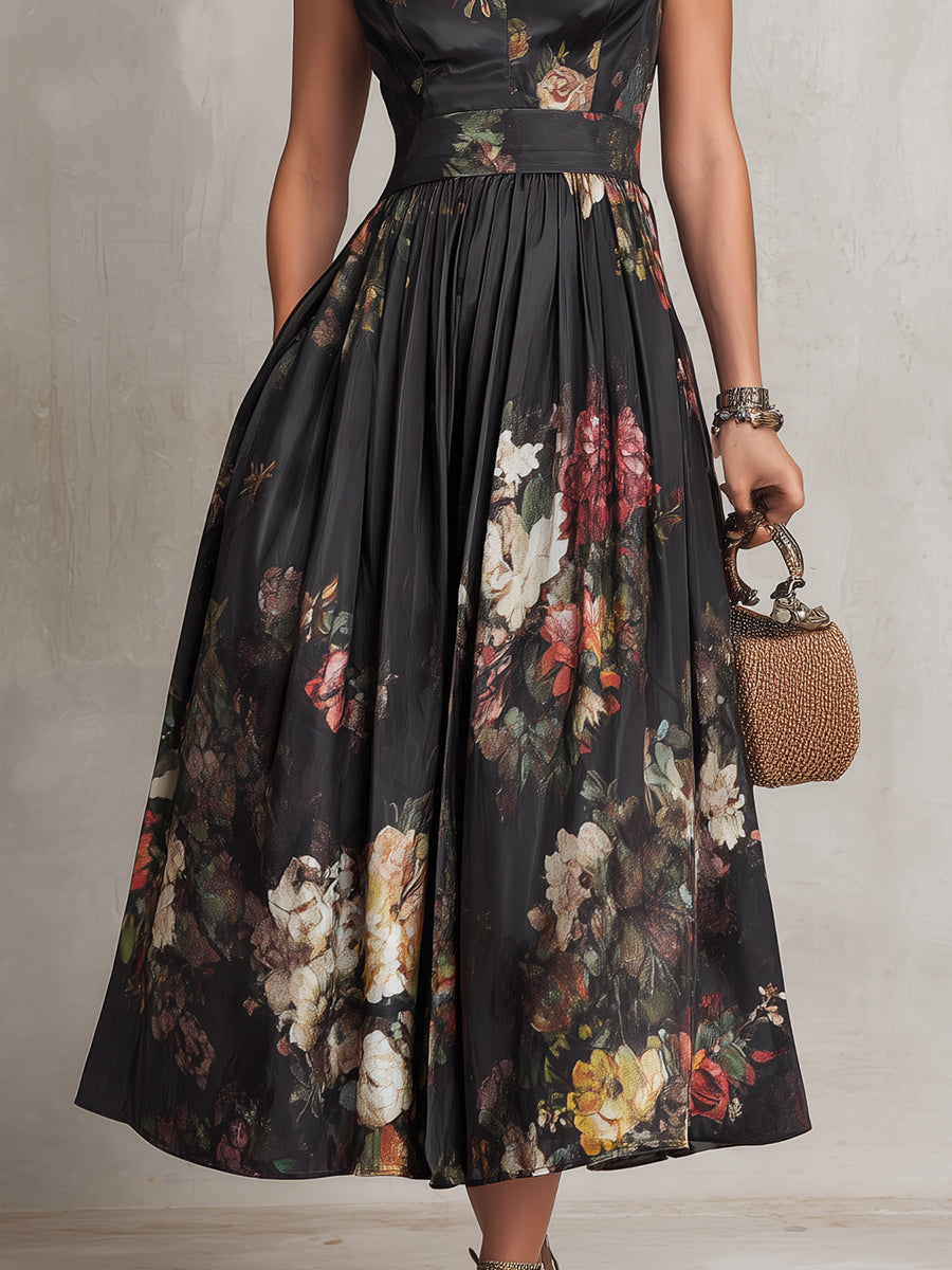 Black floral A-line midi dress with mandarin collar, keyhole neckline and cap sleeves