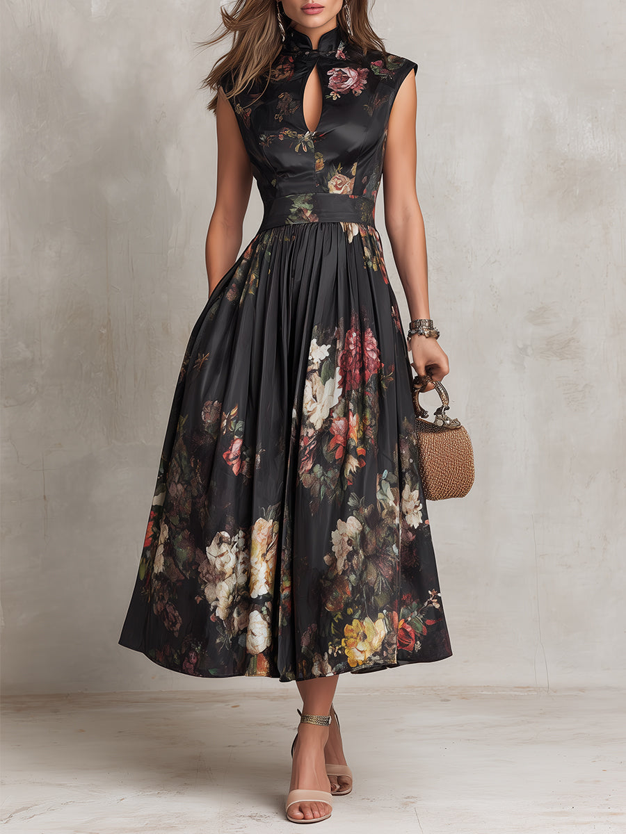 Black floral A-line midi dress with mandarin collar, keyhole neckline and cap sleeves