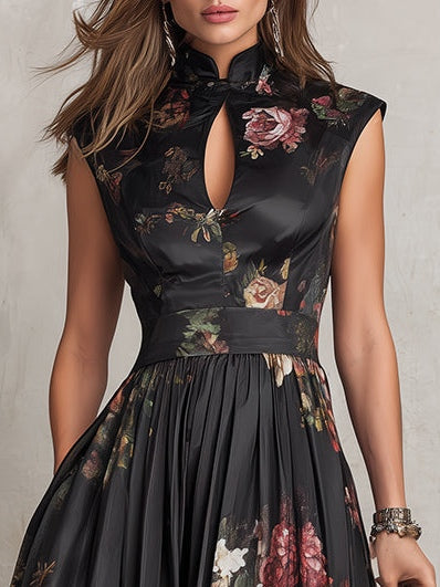 Black floral A-line midi dress with mandarin collar, keyhole neckline and cap sleeves
