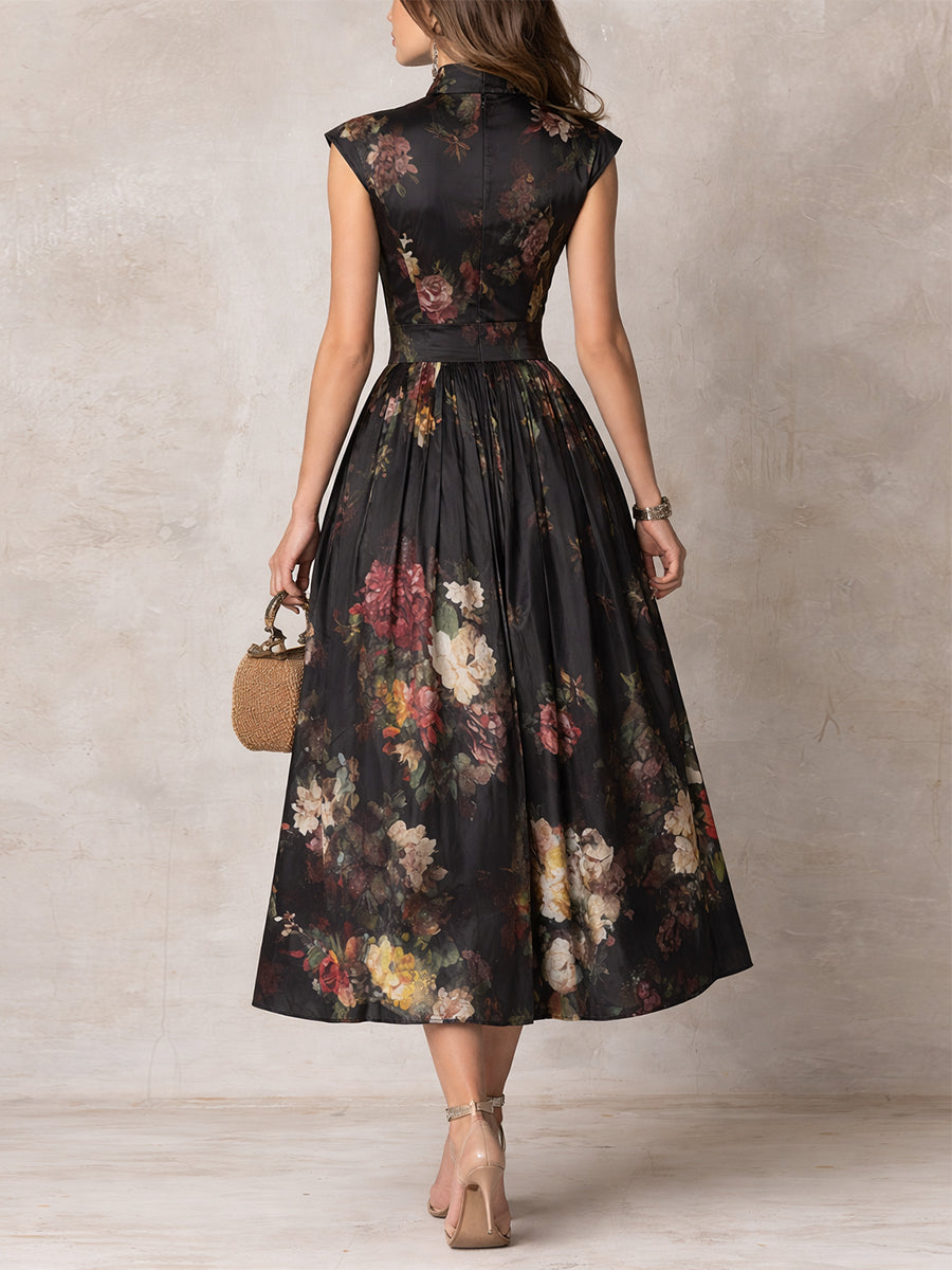 Black floral A-line midi dress with mandarin collar, keyhole neckline and cap sleeves