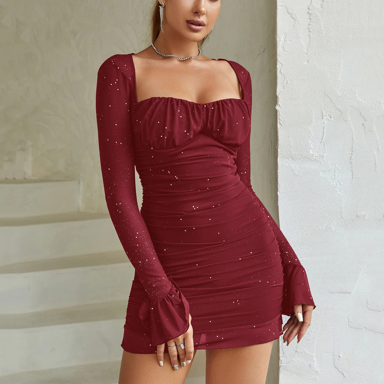 Glitter Mini Dress with Square Neckline for Women