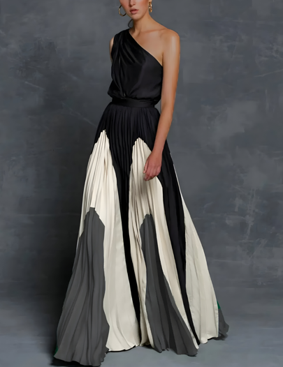 Mia one-shoulder pleated colour-block maxi dress in floor-length A-line cut