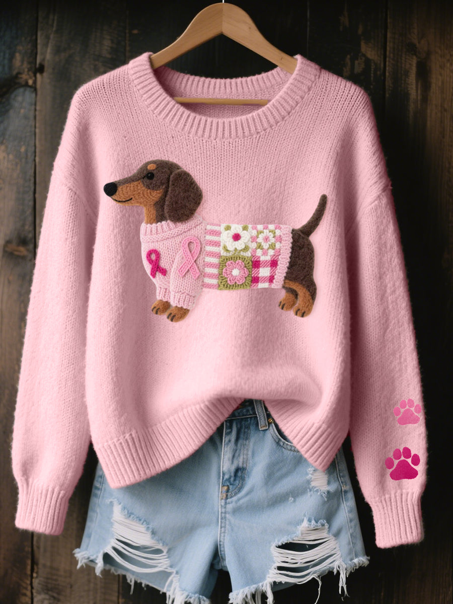 Women's relaxed-fit knitted jumper with playful dog print and ribbed neckline and cuffs